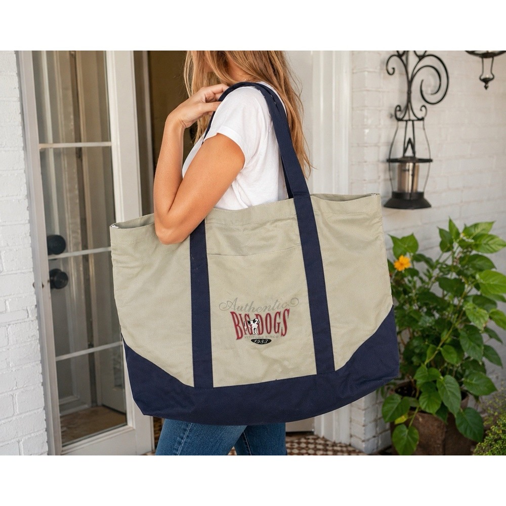 VTG 1980s Big Dogs Large Tote Bag Navy Blue & Khaki Beach Travel Carryall 22x15